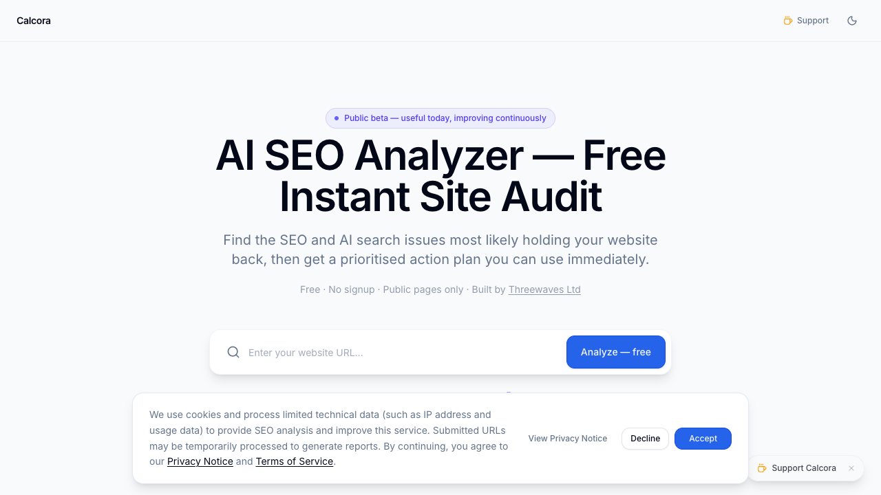 Calcora AI SEO analyzer website preview
