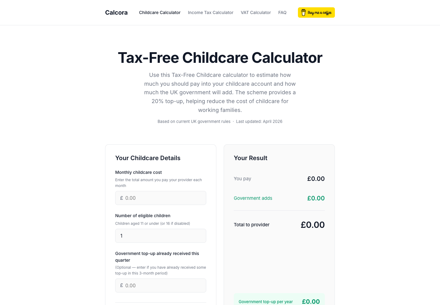 Calcora UK financial calculator interface preview