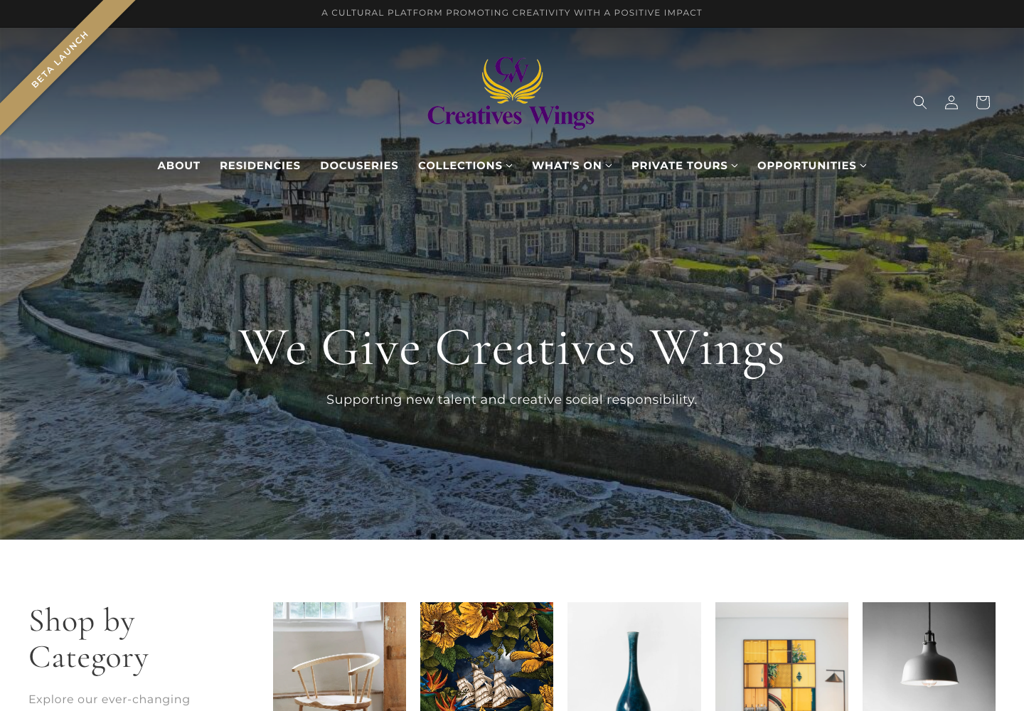 Creatives Wings live Shopify site, a cultural platform supporting new talent